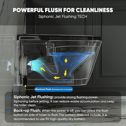Black Basic Smart Function Wall Hung Toilet Combo, Built-In Water Tank, Heated Seat,Auto Flush,Foot Sensor Flush,Nightlight, with In-Wall Carrier (No Need to buy an Additional Water Tank)