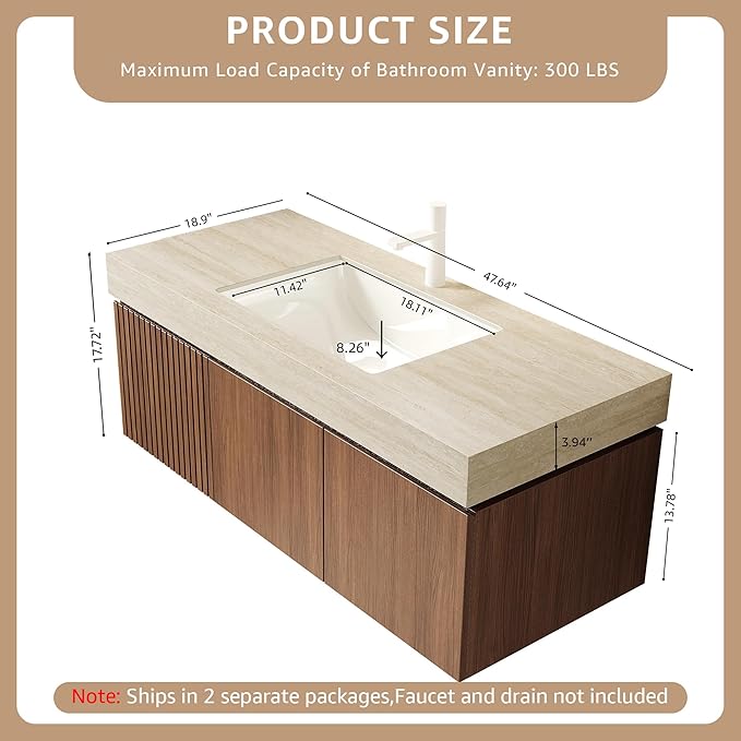 48” Floating Bathroom Vanity with Sink, Wall-Mounted Cabinet with Drawer & Doors, Roma Travertine-Pattern Countertop, Undermount Basin, Single Faucet Hole, Soft-Close, Pre-Assembled, Brown Oak