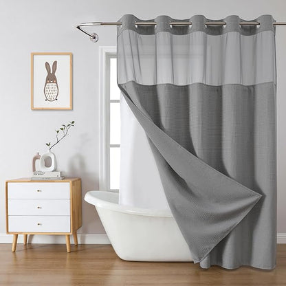 eachope No Hook Long Waffle Shower Curtain, Snap-in Liner, 71x86 in, Grey | 230 GSM waffle weave fabric, waterproof liner set with 2 bottom magnets, mesh top window, washable, for bathroom or hotel use