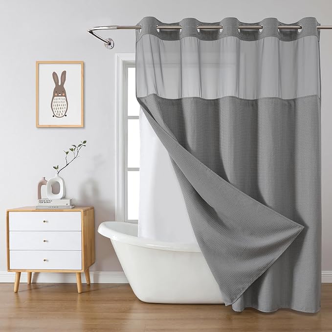 eachope No Hook Waffle Shower Curtain with Snap-in Liner, 71x77 Inch, Grey | 230 GSM waffle weave fabric, waterproof liner set with 2 bottom magnets, mesh top window, washable, for bathroom or hotel use