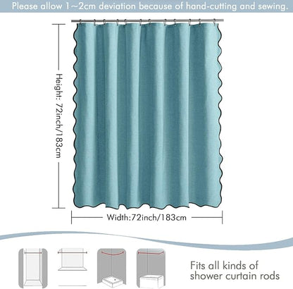 MIULEE Teal Scalloped Linen Shower Curtain 72x72 Inches | Linen Textured, Waterproof, Washable, 12 Metal Hooks, Heavy Duty Cloth, Black Border, Shower Curtain for Bathroom Bathtub