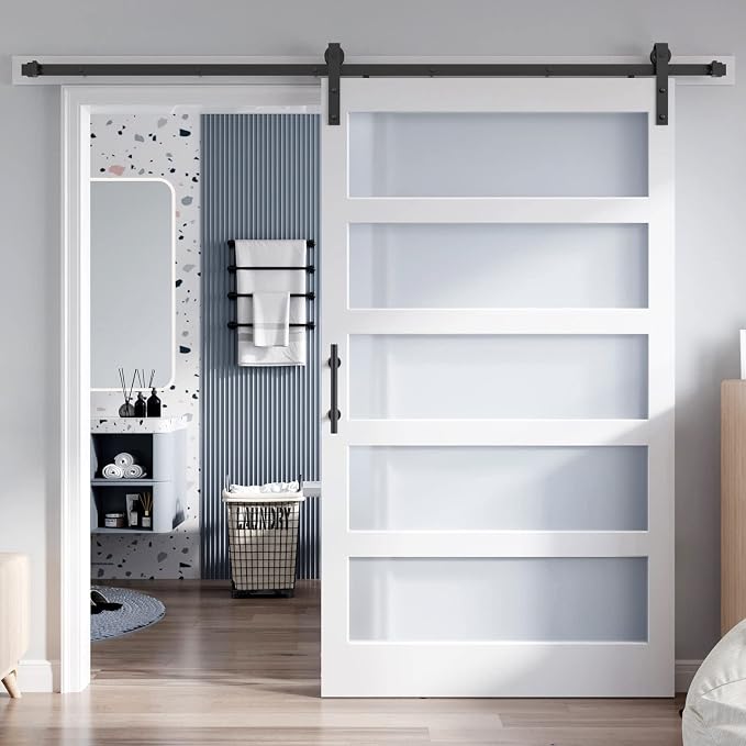 48x80 Inch Glass Sliding Barn Door Slab and 8ft Hardware Kit Included, 5 Frosted Glass, LVL Wood Panel Covered with White Water-Proof Scratch-Proof PVC Surface, Simple DIY Assembly