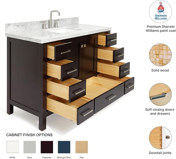 Beckford 48-Inch Bathroom Vanity with Sink — Espresso Single Sink Bathroom Vanity, 1.5" Edge Italian Carrara Marble Top, Solid Wood, 2 Soft-Close Doors, 9 Dovetail Drawers