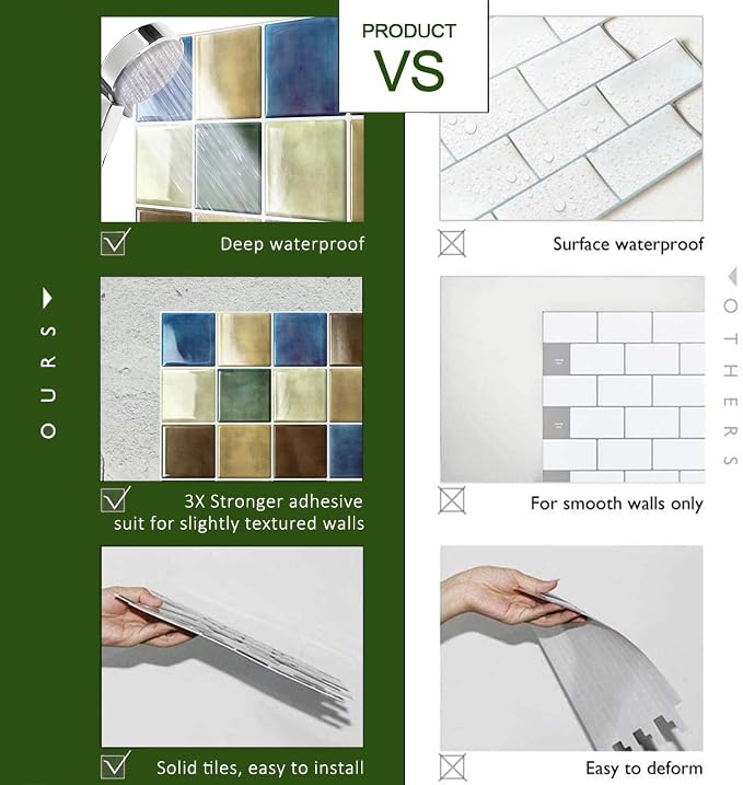 STICKGOO 10 Sheets Peel and Stick Backsplash - 9" x 9" 3D Adhesive Peel and Stick Tile Backsplash for Kitchen&Bathroom
