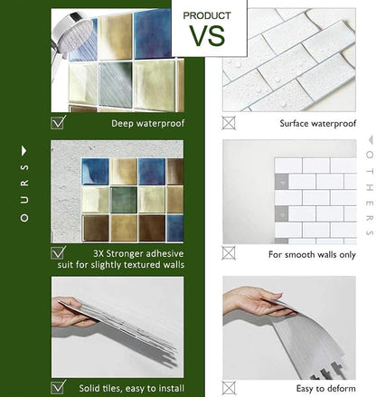 STICKGOO 10 Sheets Peel and Stick Backsplash - 9" x 9" 3D Adhesive Peel and Stick Tile Backsplash for Kitchen&Bathroom