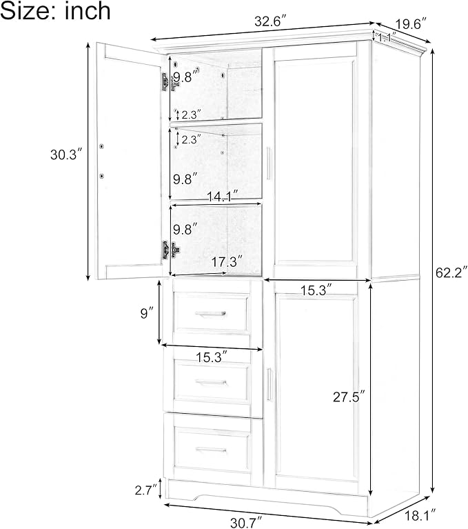 Merax 62.2" Pantry Cabinet with Three Doors & Three Drawers, Adjustable Shelves Storage Cupboard for Kitchen/Dining Room/Bathroom, Black