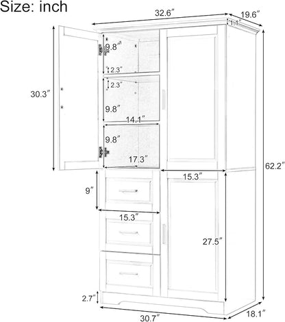 Merax 62.2" Pantry Cabinet with Three Doors & Three Drawers, Adjustable Shelves Storage Cupboard for Kitchen/Dining Room/Bathroom, Black