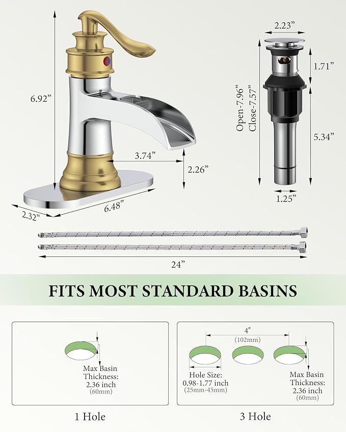 Bathroom Faucet Waterfall Sink Faucets Bathroom Widespread Single Handle | Chrome and Gold for 1 or 3 Holes Rustic Vanity Farmhouse with Pop-up Drain Deck Plate Hose by Homevacious