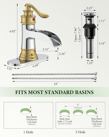 Bathroom Faucet Waterfall Sink Faucets Bathroom Widespread Single Handle | Chrome and Gold for 1 or 3 Holes Rustic Vanity Farmhouse with Pop-up Drain Deck Plate Hose by Homevacious