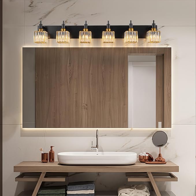 6-Lights Crystal Bathroom Vanity Light Black Gold Modern Bathroom Lighting Fixtures Over Mirror, Wall Light Fixtures