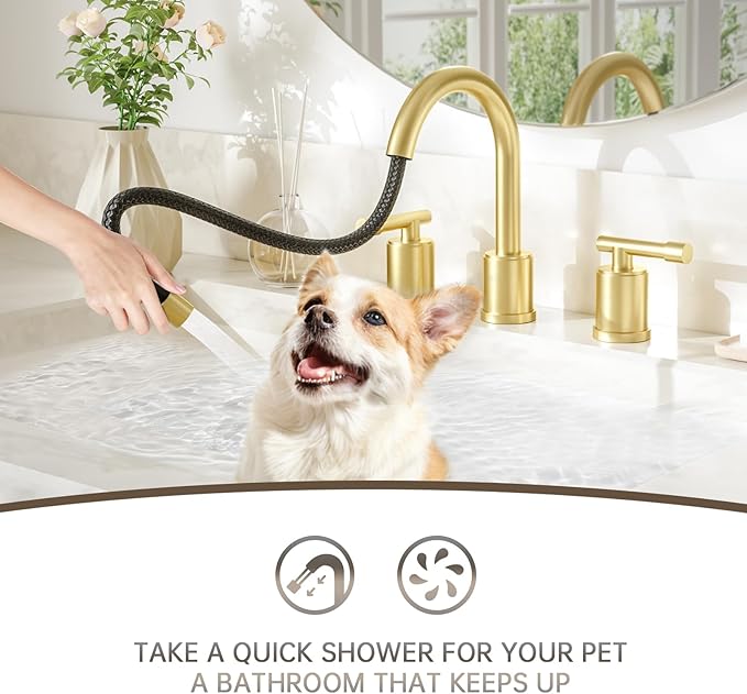 Phiestina Brushed Gold Bathroom Faucet Pull Down- 8 Inch Widespread 3-Hole with Pull-Out Sprayer,Lead-Free Stainless Steel,Metal Pop-Up Drain,Water Supply Lines,2 Handles,WFZY01CL-BG