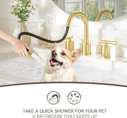 Phiestina Brushed Gold Bathroom Faucet Pull Down- 8 Inch Widespread 3-Hole with Pull-Out Sprayer,Lead-Free Stainless Steel,Metal Pop-Up Drain,Water Supply Lines,2 Handles,WFZY01CL-BG