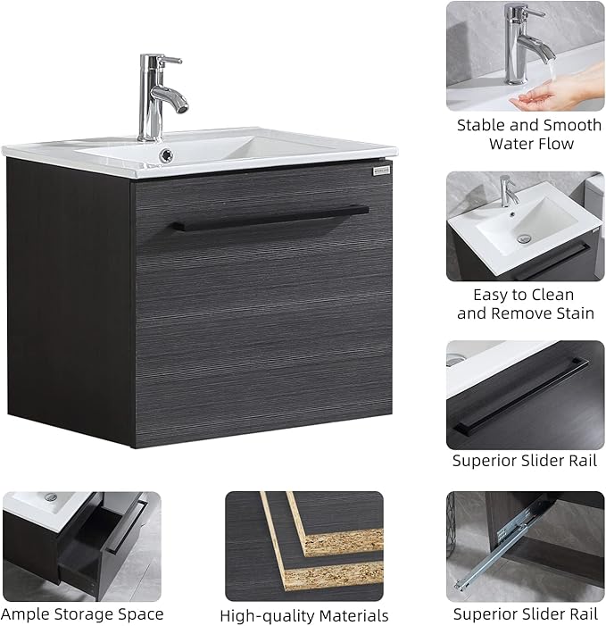 walsport Floating Bathroom Vanity with Sink & Mirror & Faucet & Countertop Set Small Wall Mounted Bathroom Single Sink Cabinet with Double Storage Drawers Modern (Black)