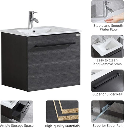 walsport Floating Bathroom Vanity with Sink & Mirror & Faucet & Countertop Set Small Wall Mounted Bathroom Single Sink Cabinet with Double Storage Drawers Modern (Black)