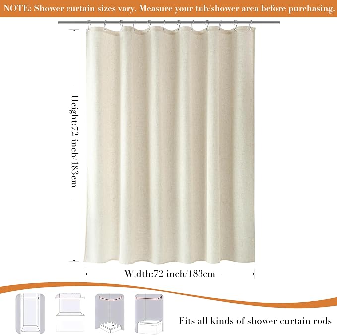 Linen Shower Curtain for Bathroom 72x72 Inch 1 Panel Light Beige | Weighted Fabric Shower Curtains with Hooks, Water Repellent, Neutral Rustic Boho Farmhouse, Simple Luxury Bath Curtain Decor