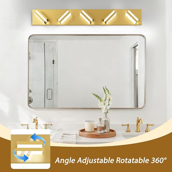 IZORRO LED Modern Bathroom Lights Fixtures(5-Light,Dimmable,360°Rotate),Brushed Glod Acrylic Wall Lighting,Vanity Lights for Bathroom Over Mirror - 6000k 30In （No Assembly Required）