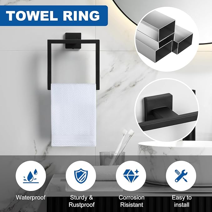 Cilee 10-Pieces Matte Black Bathroom Hardware Set, 24 inch Towel Bar Set | Towel Bar, Square Towel Ring Toilet Paper Holder Towel Hook, Bathroom Accessories Wall-Mounted Stainless Steel Towel Rack Set