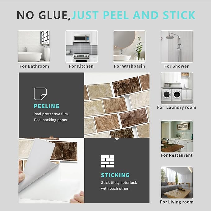 URCOLOR 10-Sheet Peel and Stick Backsplash Subway Tile for Kitchen,12"x12" Self Adhesive Wall Tiles Sticker on Back Splashes for Bathroom Brown Marble Design