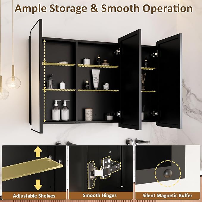Medicine Cabinet Mirror 60x32 Inch, Triple-Door Bathroom Mirror Cabinet with Glass Adjustable Shelves, 3-Compartment Bathroom Mirror with Storage Recessed or Wall Mount