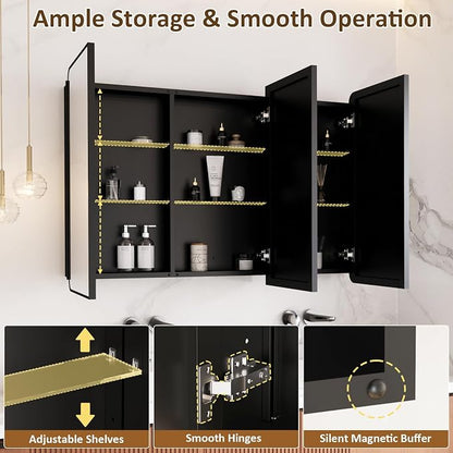 Medicine Cabinet Mirror 60x32 Inch, Triple-Door Bathroom Mirror Cabinet with Glass Adjustable Shelves, 3-Compartment Bathroom Mirror with Storage Recessed or Wall Mount