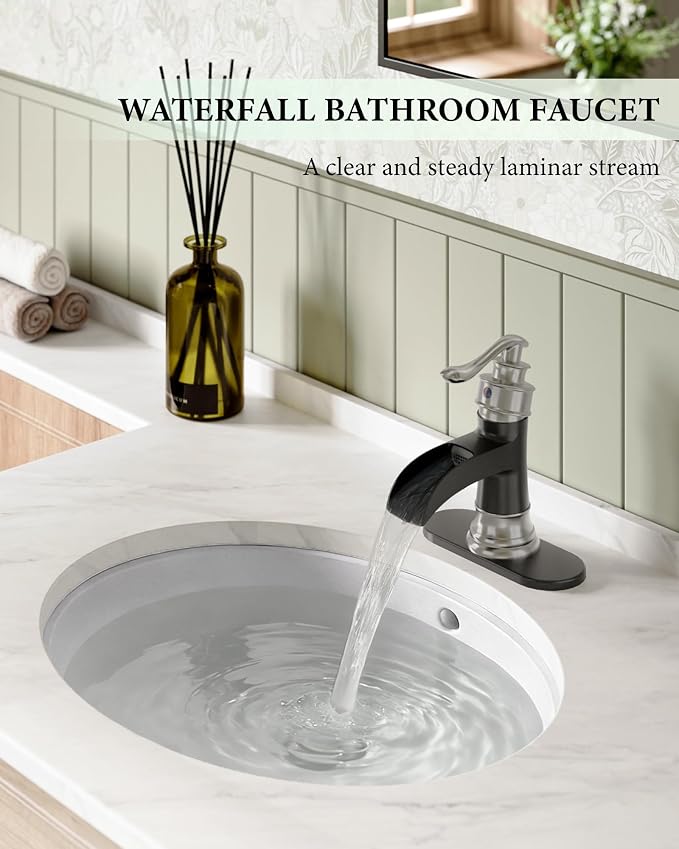 Bathroom Sink Faucet Waterfall Single Handle Matte Black and Brushed Nickel | Lavatory Vanity Basin Mixer Tap One Hole Lever Deck Mount Commercial Supply Line by Homevacious