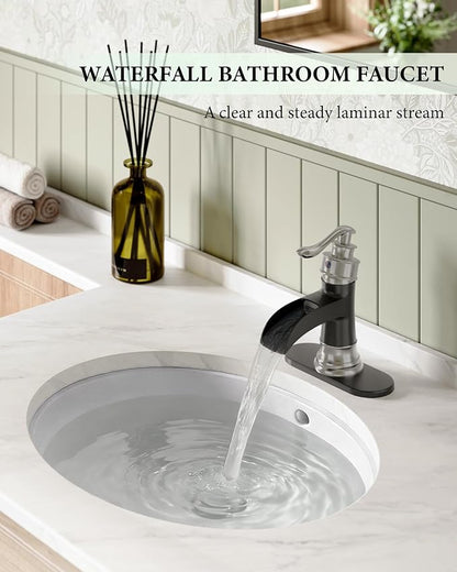 Bathroom Sink Faucet Waterfall Single Handle Matte Black and Brushed Nickel | Lavatory Vanity Basin Mixer Tap One Hole Lever Deck Mount Commercial Supply Line by Homevacious