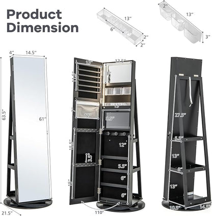 CHARMAID 360° Swivel Jewelry Armoire with Full Length Mirror, Rear Storage Shelves, Lockable Standing Jewelry Cabinet Organizer with Interior Vanity Mirror and 3-Color Lights (Black)