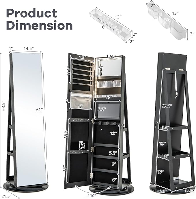 MAT EXPERT 360° Rotating Jewelry Armoire, Lockable Freestanding Jewelry Organizer w/Full-length Mirror, 3-Color LED Lights, Rear Storage Shelves, Mirror Jewelry Cabinet for Bedroom (Black)