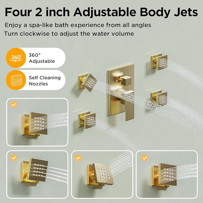 Shower System with 4 Body Spray Jets, STARBATH 4 Way 12 + 6"Rainfall Shower Head with Handheld Combo, Wall Mounted Shower Jets System in Wall Shower Faucet Set, Brushed Gold