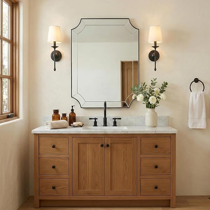 Bathroom Vanity Mirror, 24x32 Matte Black Rectangle Mirror with Scalloped Edge, Vintage Notched Corner Bathroom Mirror Metal Framed, Black Bathroom Mirror Ideal for Bathroom Remodel