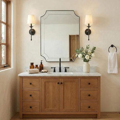 Bathroom Vanity Mirror, 24x32 Matte Black Rectangle Mirror with Scalloped Edge, Vintage Notched Corner Bathroom Mirror Metal Framed, Black Bathroom Mirror Ideal for Bathroom Remodel