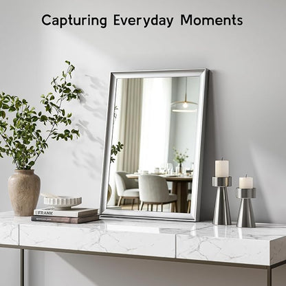 2 Pack Brushed Nickel Bathroom Mirrors 22x30 Inch | Silver Rectangle Vanity Mirror for Bedroom, Entryway, Living Room Decor, Aluminum Framed, Curved Wide Edge, Anti-Rust
