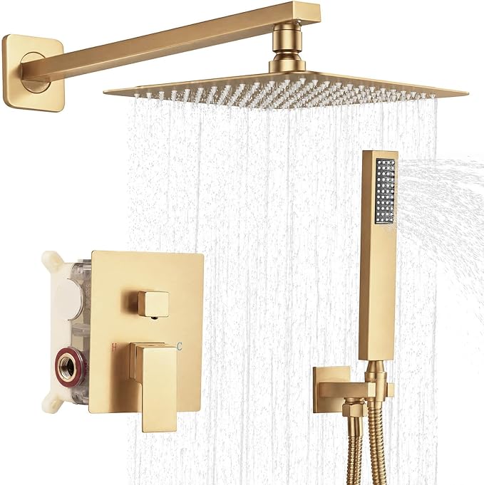 10 Inch Shower Faucet Set,Brushed Gold Shower System With Handheld | Square Shower Head with Shower Trim Kit And Handheld Shower Valve,Multi-function Rainfall,Rain Shower & Handheld Spray Combo
