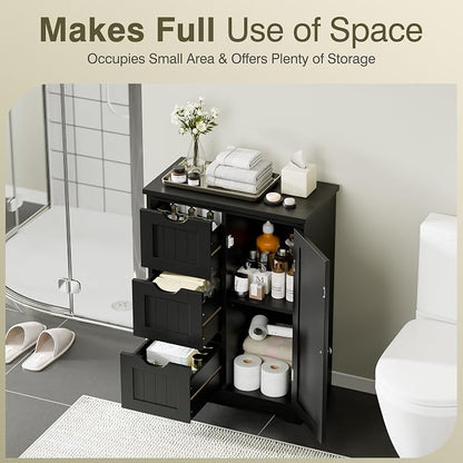 SUPER DEAL Bathroom Storage Cabinet with 3 Drawers and 1 Door, Entryway Home Decor Furniture Towels Storage Organizer Unit, Black