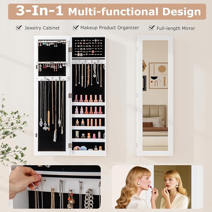 NAFORT Jewelry Armoire with Full-length Mirror,Wall Mounted Jewelry Organizer Cabinet with Make-up mirror, Height Adjustable Hanging jewelry storage mirror, Jewelry Holder, White