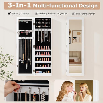 NAFORT Jewelry Armoire with Full-length Mirror,Wall Mounted Jewelry Organizer Cabinet with Make-up mirror, Height Adjustable Hanging jewelry storage mirror, Jewelry Holder, White