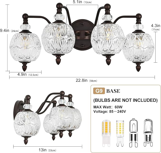 Vintage Bathroom Vanity Light, 4-Light Mid Century Oil Rubbed Bronze Finish Wall Sconce with Globe Glass Shades, Retro Mirror Light for Bathroom, Powder Room