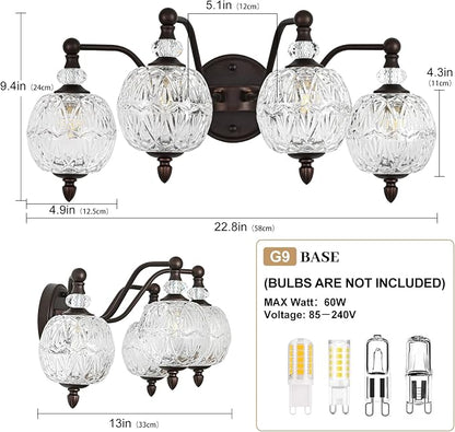 Vintage Bathroom Vanity Light, 4-Light Mid Century Oil Rubbed Bronze Finish Wall Sconce with Globe Glass Shades, Retro Mirror Light for Bathroom, Powder Room