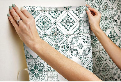 RoomMates RMK11281WP Forest Green Mediterranean Tile Peel and Stick Wallpaper