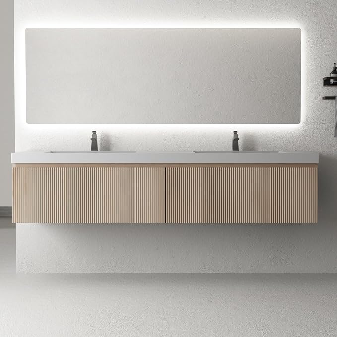 72 Inch Floating Bathroom Vanity with Double Sinks, Wall-Mounted Striped Storage Cabinet with Soft-Close Drawer, Glossy White Solid Surface Basin, Fully Assembled, Natural Oak Finish