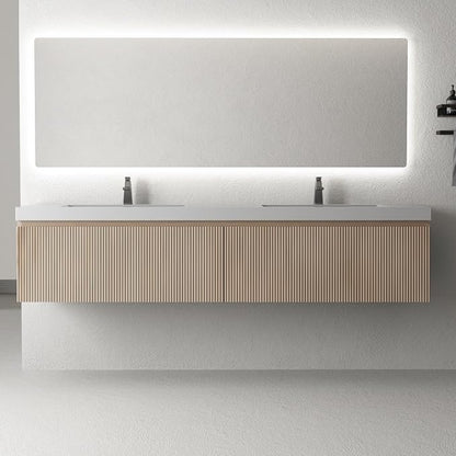 72 Inch Floating Bathroom Vanity with Double Sinks, Wall-Mounted Striped Storage Cabinet with Soft-Close Drawer, Glossy White Solid Surface Basin, Fully Assembled, Natural Oak Finish