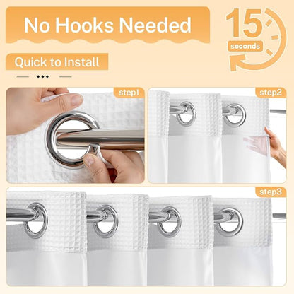 River Dream Cotton Blend Fabric Shower Curtain Set with Liner, White, 54x80 | Waffle Weave, No Hook Needed, with Snap in Replacement Liner, Top Sheer Window, Hotel Quality Fabric for Bathroom