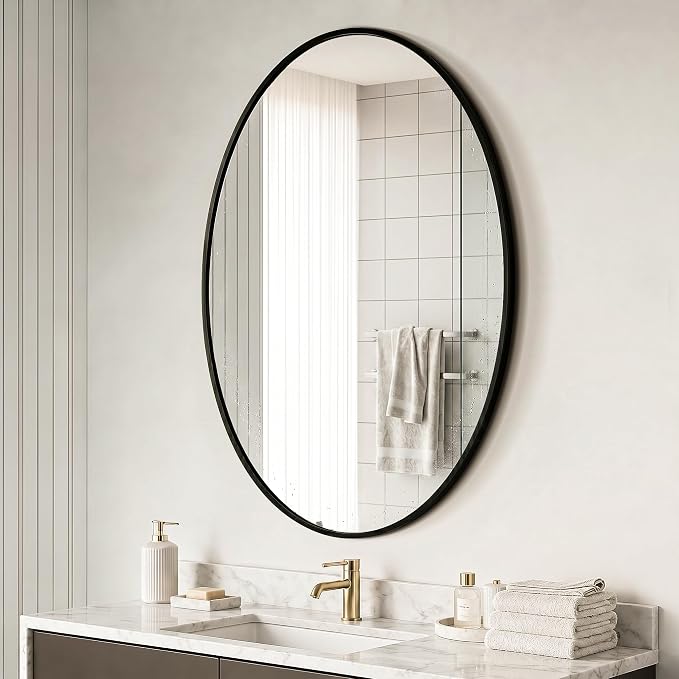 Black Oval Bathroom Mirror for Wall, 26"x38" Bathroom Vanity Mirror | HD Shatterproof Glass, Metal Framed, Oval Vanity Mirrors for Bathroom, Bedroom, Living Room, Entryway, Horizontal or Vertical