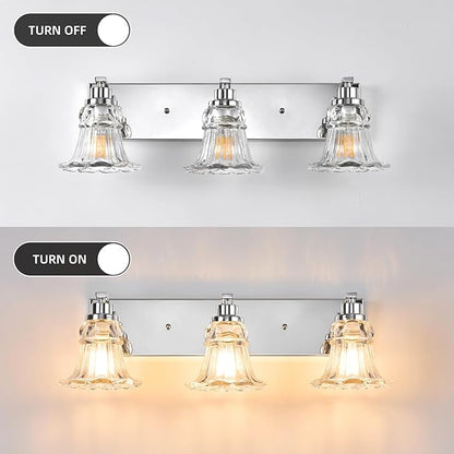Vintage 3-Light Bathroom Vanity Light, Chrome Bathroom Light Fixtures with Floral Clear Glass Shades, Antique Wall Sconce Fixtures for Dressing Table, Bedroom