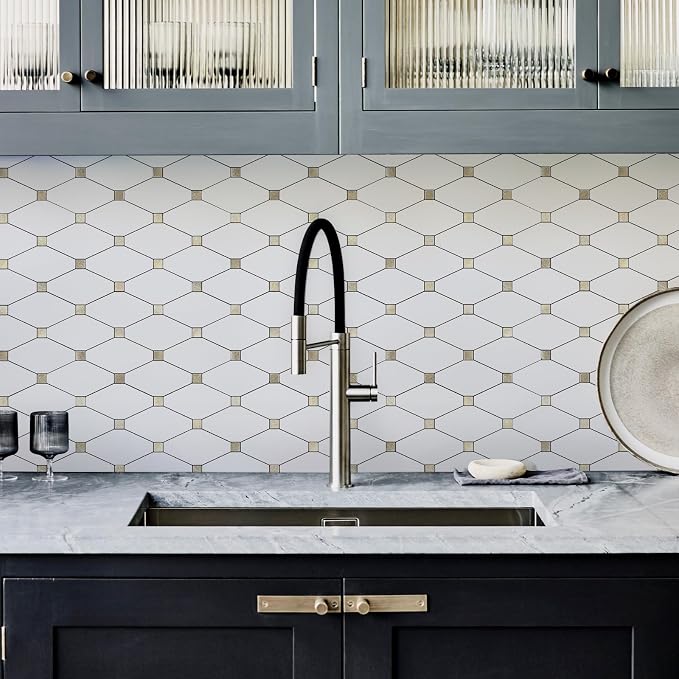 STICKGOO 1 Sheet Peel and Stick Backsplash, Pure White Marble Look PVC Mixed Metal Gold Kitchen Backsplash, Stick on Backsplash Wall Tiles for Kitchen, Bathroom, RV