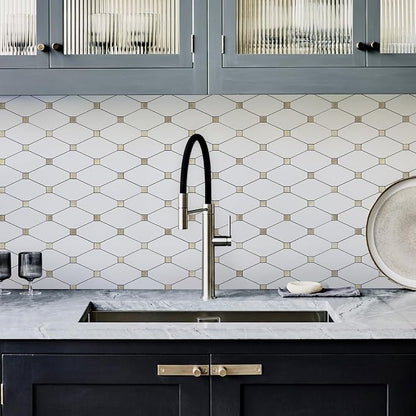 STICKGOO 1 Sheet Peel and Stick Backsplash, Pure White Marble Look PVC Mixed Metal Gold Kitchen Backsplash, Stick on Backsplash Wall Tiles for Kitchen, Bathroom, RV