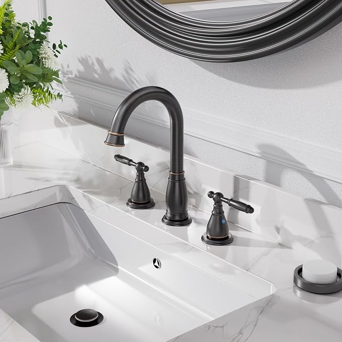 2-Handle 8 Inch 3 Hole Oil Rubbed Bronze Widespread Bathroom Faucets, with Valve and Metal Pop-Up Drain, WF017-4-ORB