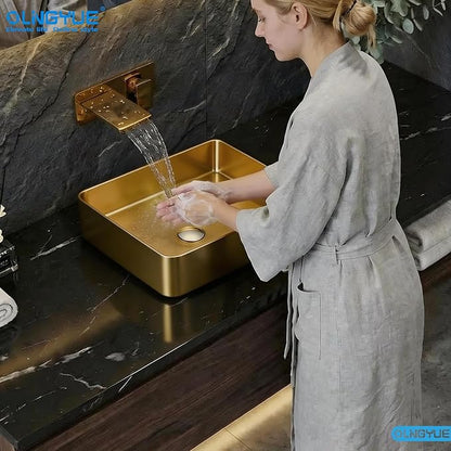 Brushed Gold Bathroom Vessel Sink: 20"x14" Rectangular Vanity Washbasin | Modern Above Counter Sinks with Stainless Stee PVD Coating Pop Up Drain for Home Hotel Office Toilet Renovation Decoration