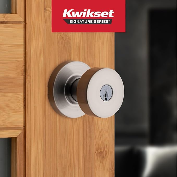 Kwikset Pismo Entry Door Knob with Lock and Key, Secure Keyed Handle Exterior, Front Entrance and Bedroom, Satin Nickel, 4 Pack, Pick Resistant SmartKey Rekey Security and Microban