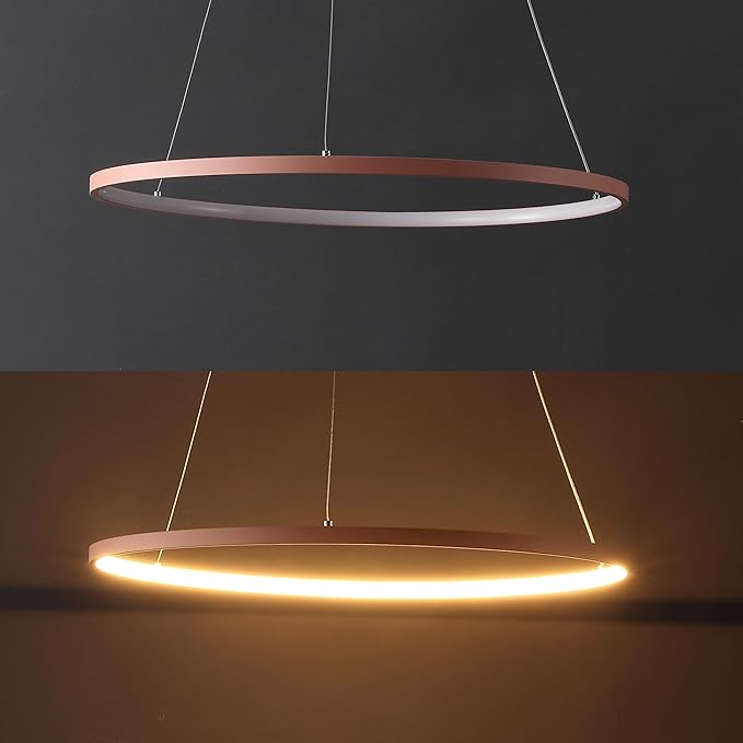 JONATHAN Y 23.75" Matte Pink Modern Integrated LED Pendant Light, Dimmable Round Hoop Chandelier for Kitchen Island, Dining Room, Adjustable Height Metal Hanging Light (JYL7203B)